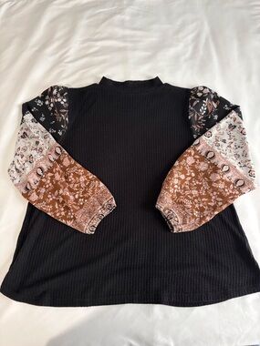 Maurices Black Knit Top with Mixed Floral Patchwork Balloon Sleeves